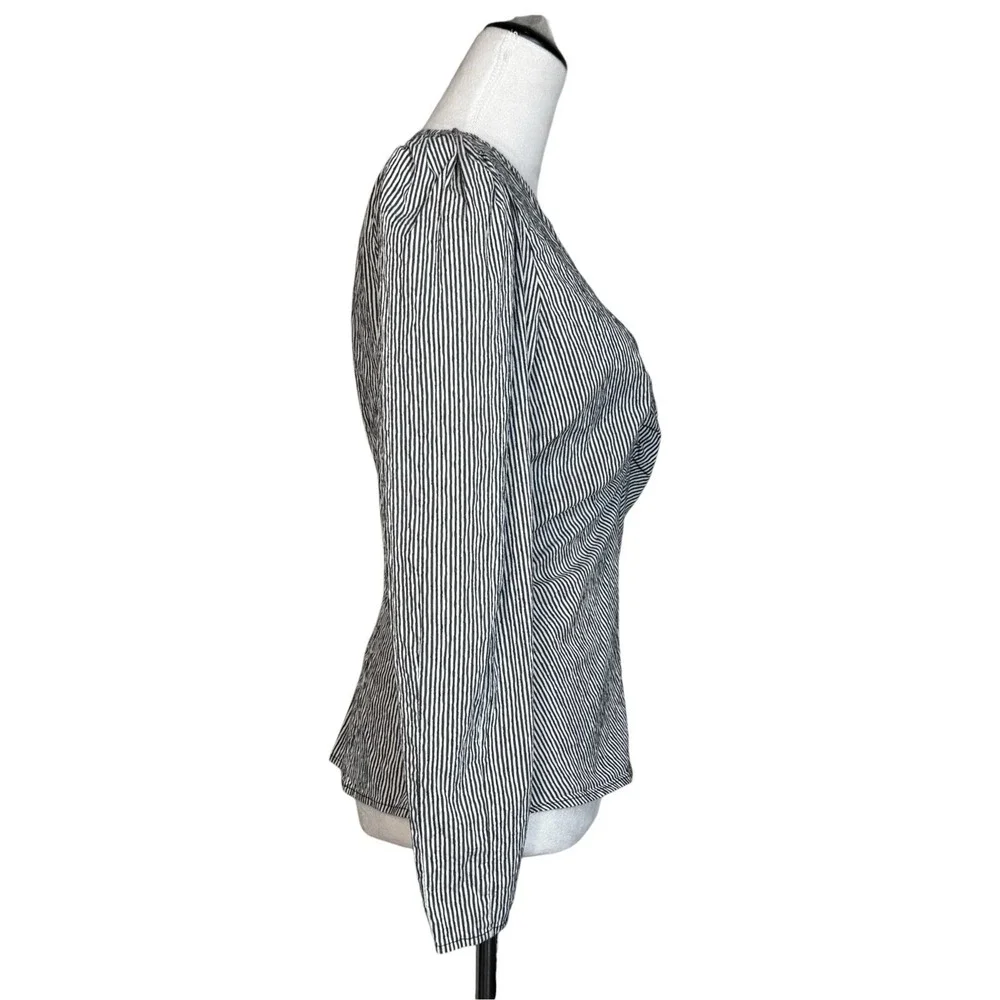 Zara Ruched Pinstripe Blouse M Puff Sleeve Regency Office Siren Structured Top